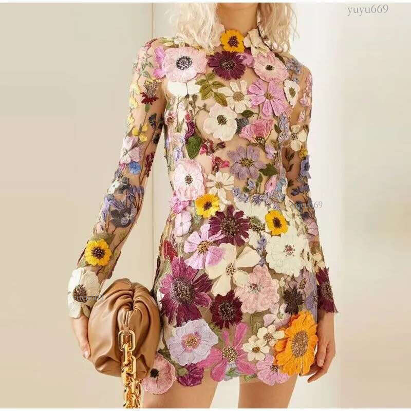 Casual Dresses Floral Embroidery Elegant Women Mini Dress Half High Collar Long Sleeve Spring Evening Party Lady Vestido