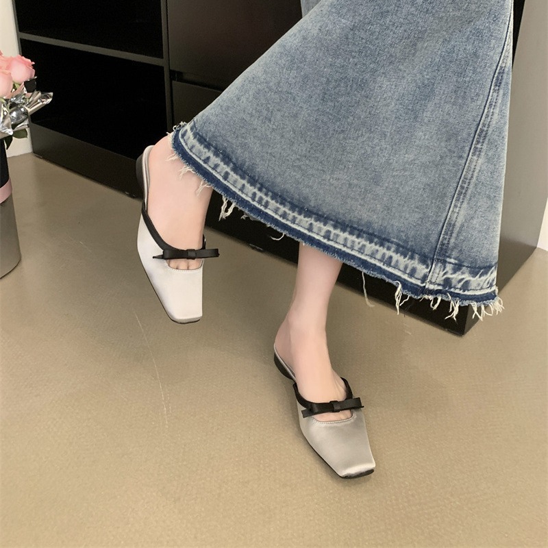 Women Slippers Fashion Flat Bottom Bow Design France NEW Gentle Style Triple Black Beige Green Pink Grey Free shipping