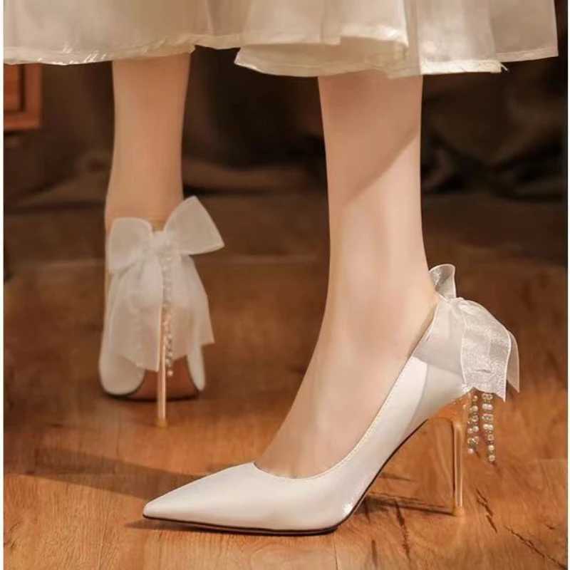 Wens Sandals Summer New High Pointed Satin Bow Beaded Wedding Shoes New Fashion Temperament Stiletto Hot Party H Z250121