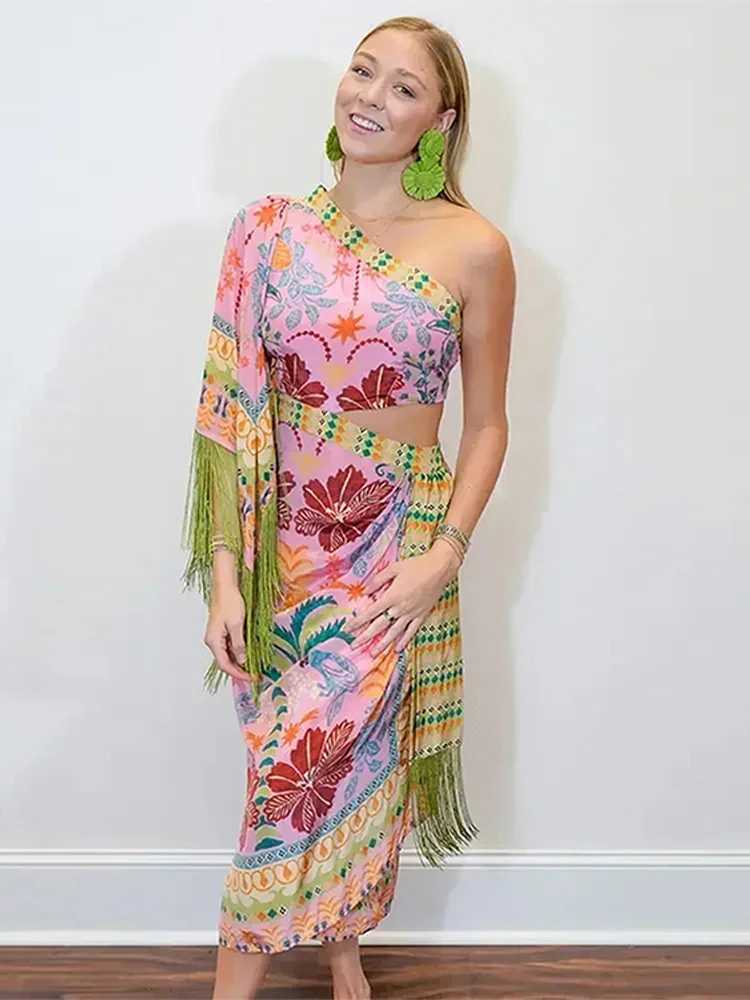 Basic Casual Dresses Womens Diagonal Shoulder Tassel Midi Dress Chic Waist Hollow Out Asymmetric Irregular Hem Lady Summer Dress Evening Party Dress H