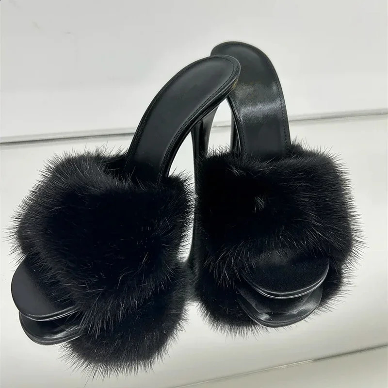Mink fur high heels for women slim heels summer style open toe slippers sexy fish mouth leather party sandals for women 250115