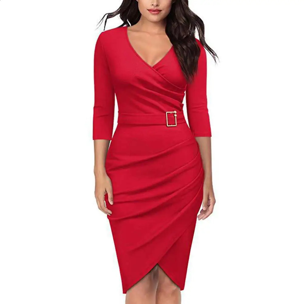 Formal Dress Women Summer Solid Color 3/4 Sleeve Elegant Dress High Waist Belted Irregular Pencil Dress Red 250115