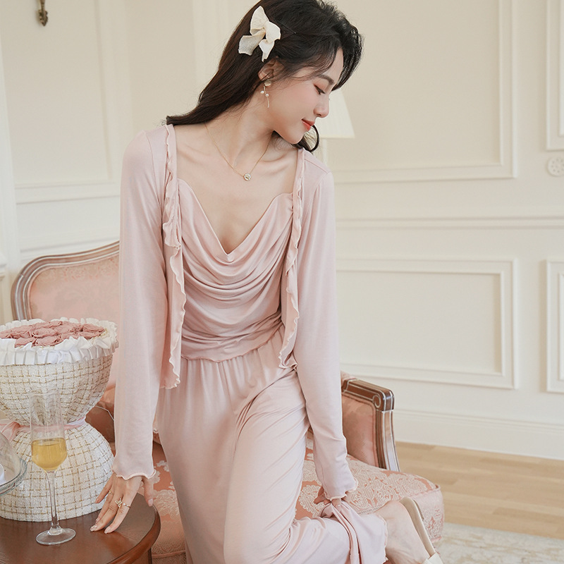 X129-Pure cotton yarn sweet autumn floral long-sleeved drawstring skirt thin nightgown home skirt slim and loose can be worn outside