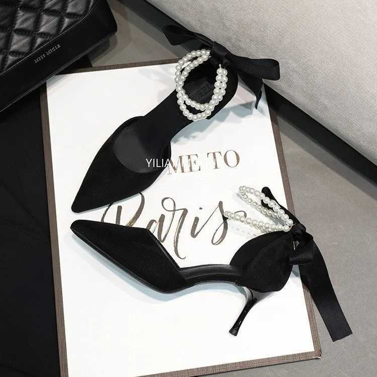 Wens Fashion Bow Sandals Summer Black Simation Pearls Shoes Sexy Pointed Stiletto Party Off High Hot New H Zapatos De Fiesta Z250121