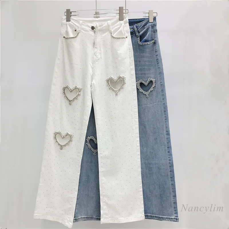 Love Rhinestone Jeans for Women Spring and Autumn Wide Leg Straight Mop Trousers Street White Denim Pants 250113