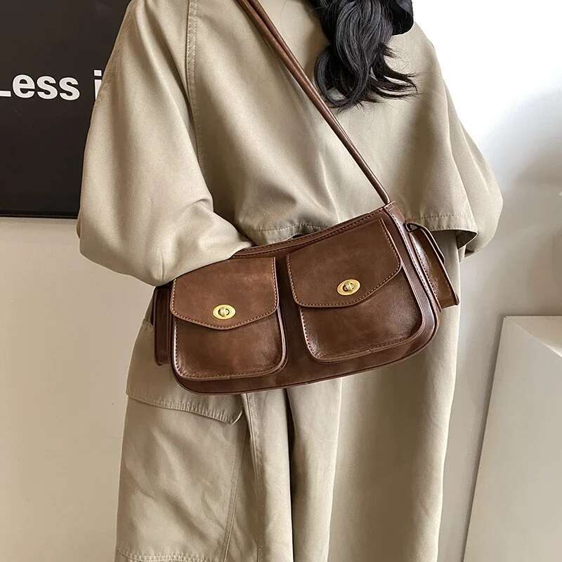 Small PU Leather Double Pockets Crossbody Bags for Women 2025 Y2K Ladies Shoulder Bag Females Handbags and Purses