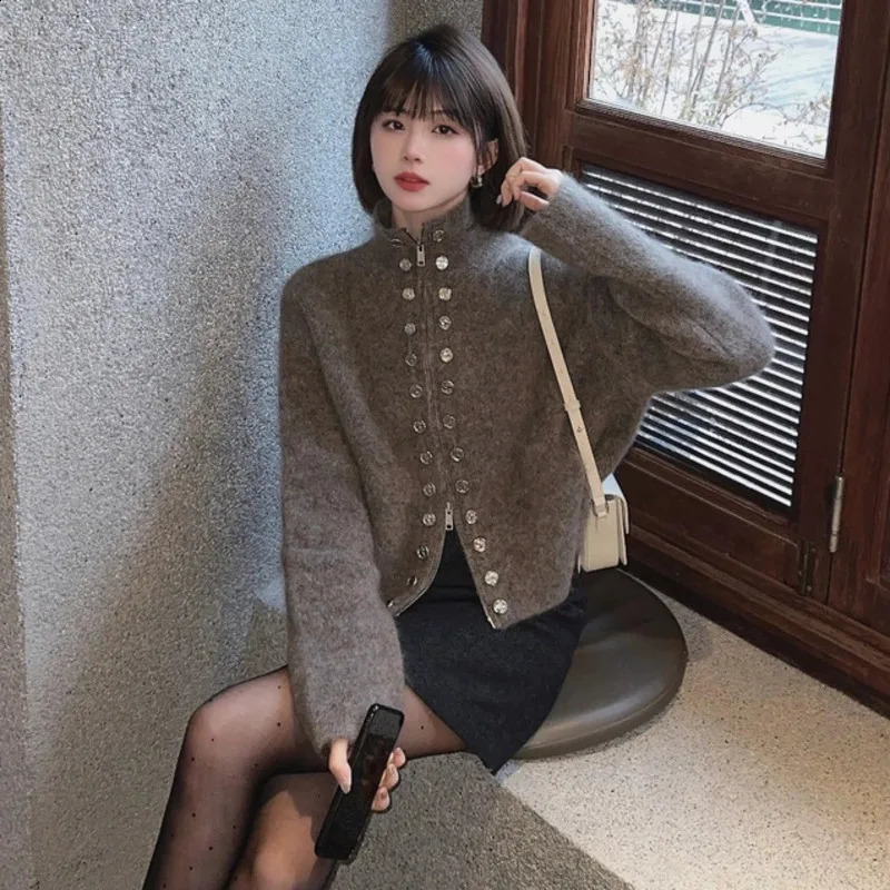 Fluffy Knitted Cardigan Sweater woman High Collar Double Breasted Sweater Coat Autumn Winter Lazy Zipper Knitwear Top 250113