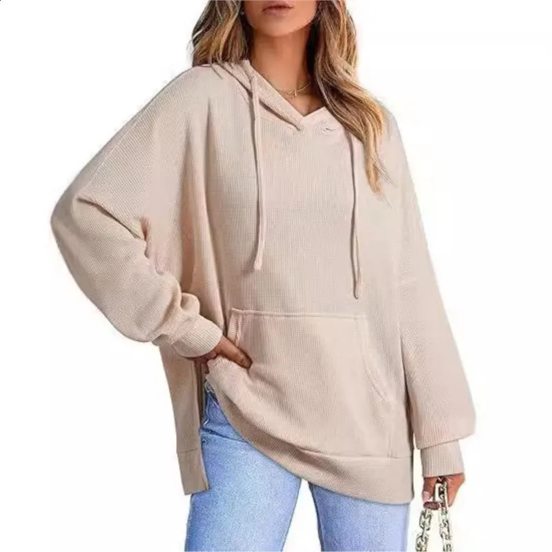 Autumn/Winter Womens Hoodie Waffle Knitted Side Split Hoodie Sweatshirt with Long Sleeve 250113