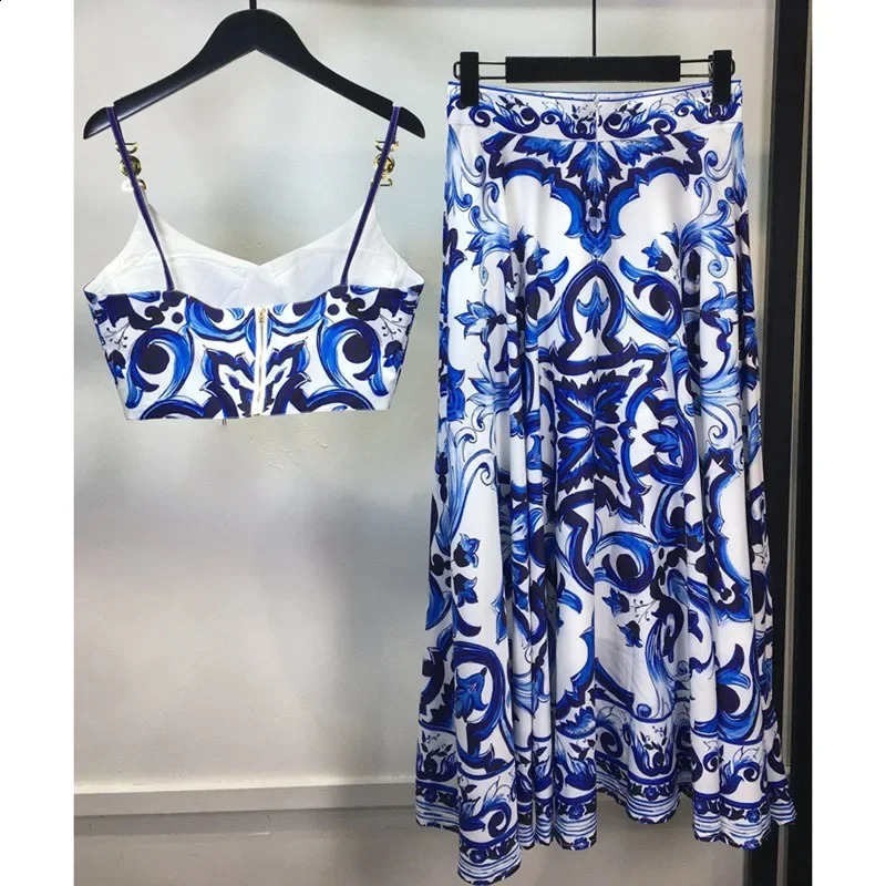Print Sling Skirt Big Hemline Dress Two-piece Set Boho Holiday Blue And White Porcelain Set Elegant Long Skirt Dress Suits 250116