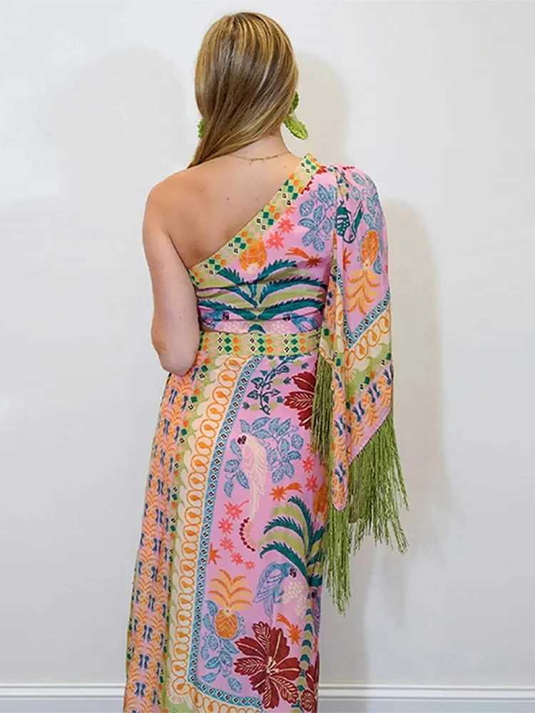 Basic Casual Dresses Womens Diagonal Shoulder Tassel Midi Dress Chic Waist Hollow Out Asymmetric Irregular Hem Lady Summer Dress Evening Party Dress H