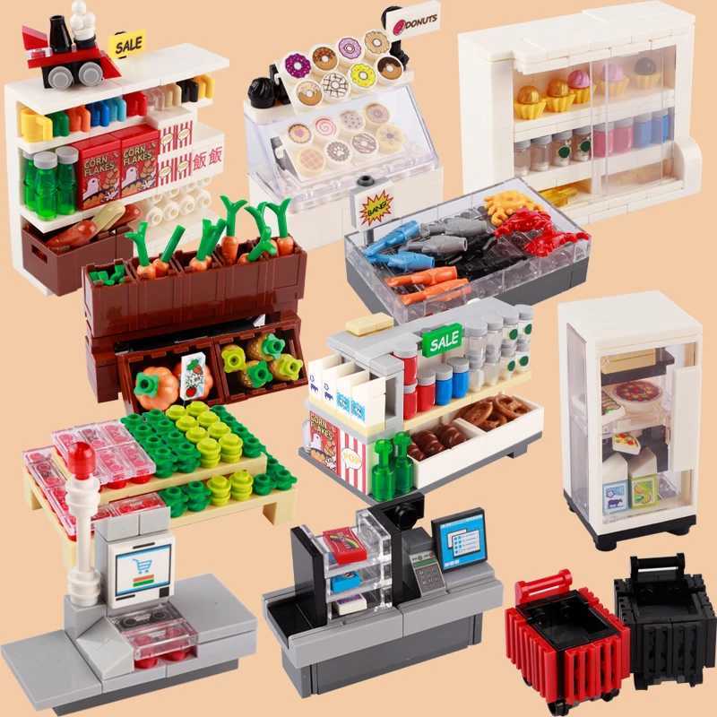 Free shipping MOC In Supermarket Figures Building Blocks Store Vegetable Snacks Beverage Food Cashier Accessory Model Bricks Kids Toys Gifts
