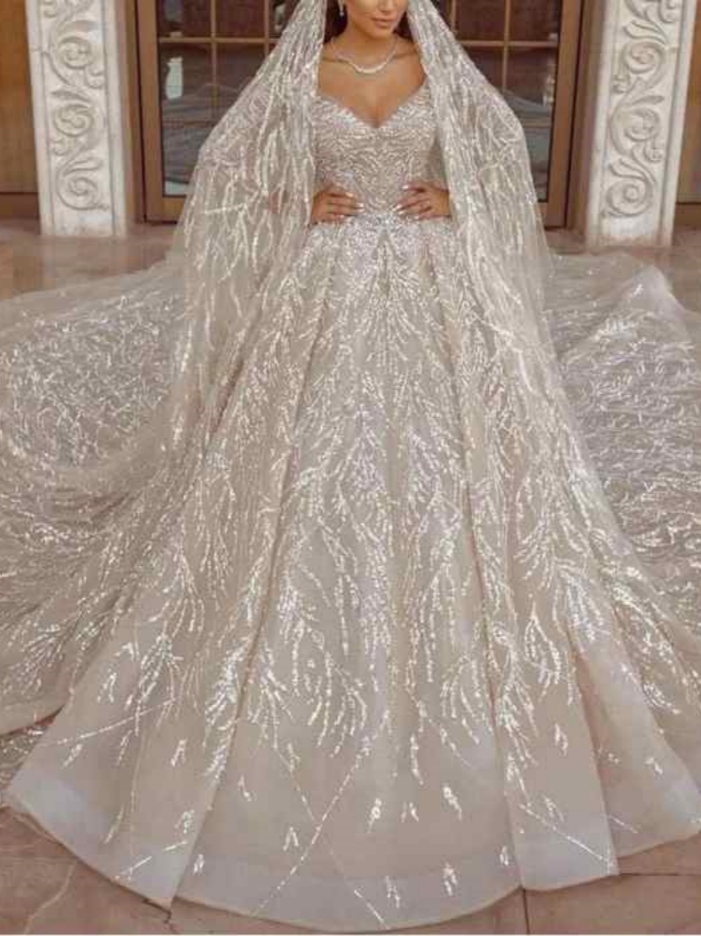 Sparkly Ball Gown Wedding Dress With Veil Sequins V Neck Bride Gowns Bling Sweep Train Customized Bridal Dresses