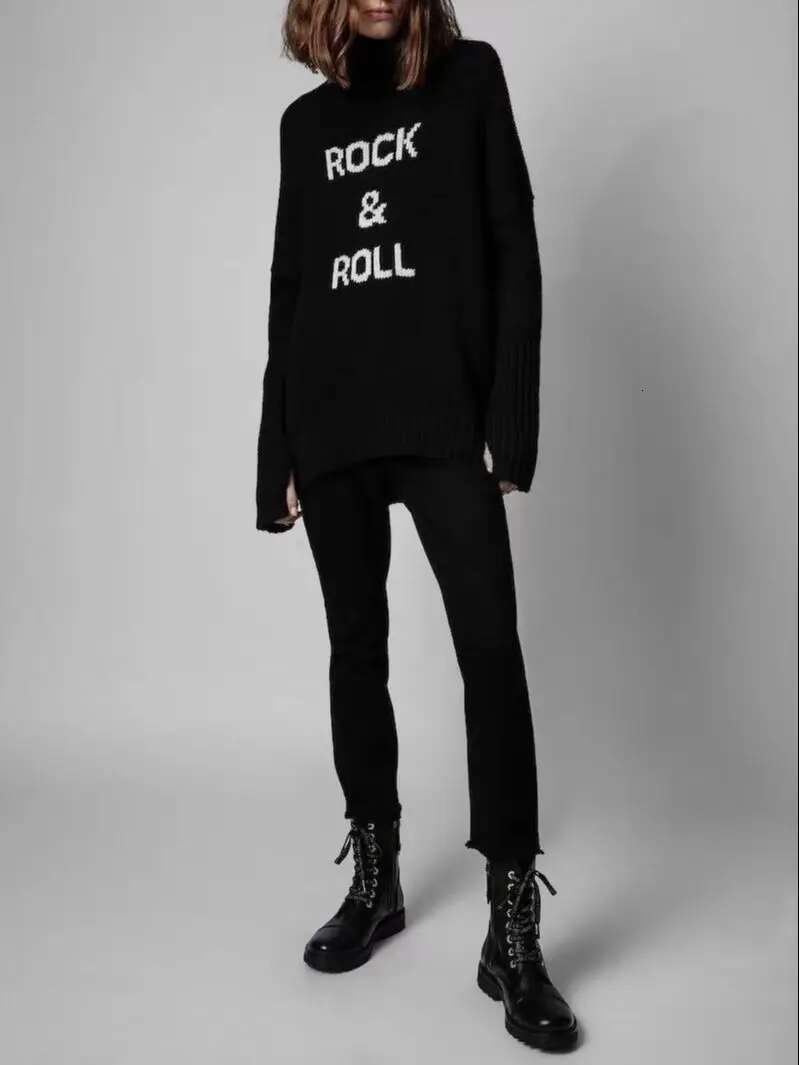 100% Cashmere Women Turtleneck Sweater 2022 New 2 Colors Letter Jacquard Casual Long Sleeve Female Jumper Tops For Autumn Winter