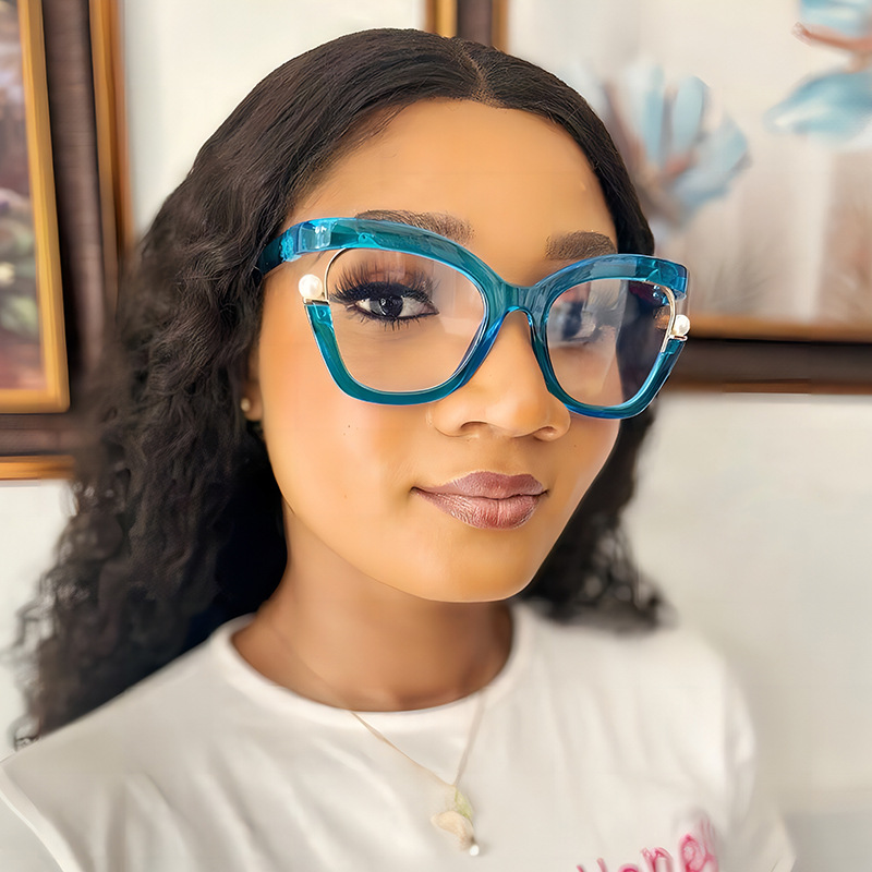 Anti blue light women's flat lens personalized color pearl decoration eyeglass frame elegant eyeglass frame