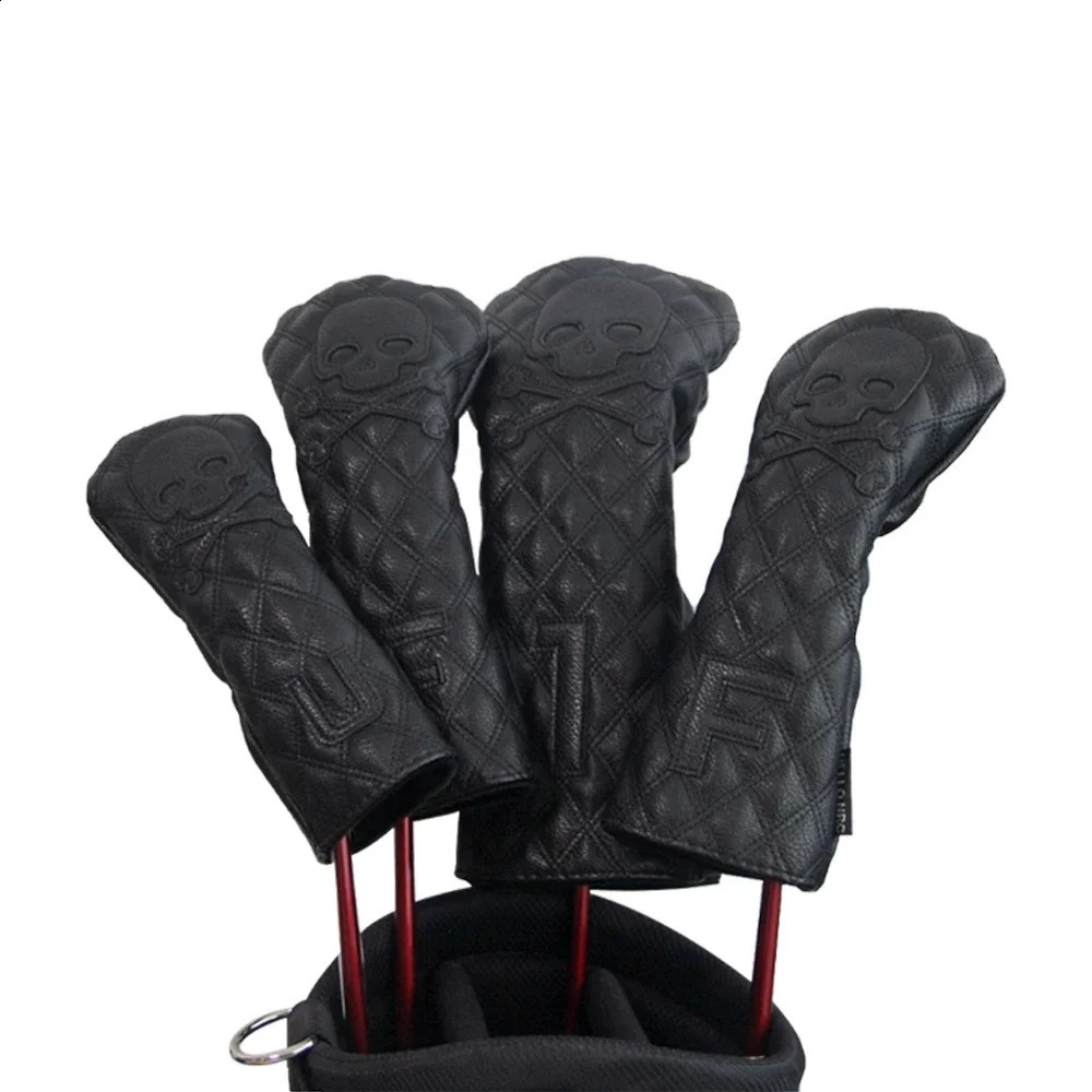 GLOOF Golf Skull Skeleton Head Cover Golf Club Black Leather cover set Fits Driver Fairway Wood Hybrid Golf supplies 250110