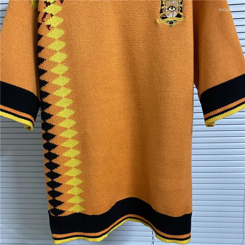 Men's Polos House Of Error Eye Truth Diamond Vertical Pattern Collision Jacquard Polo Collar Orange Short Sleeve Sweater Clothing
