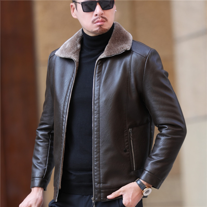 Haining loose fur one-piece dad suit leather jacket mens sheepskin casual leather jacket middle-aged mens thick coat 241118