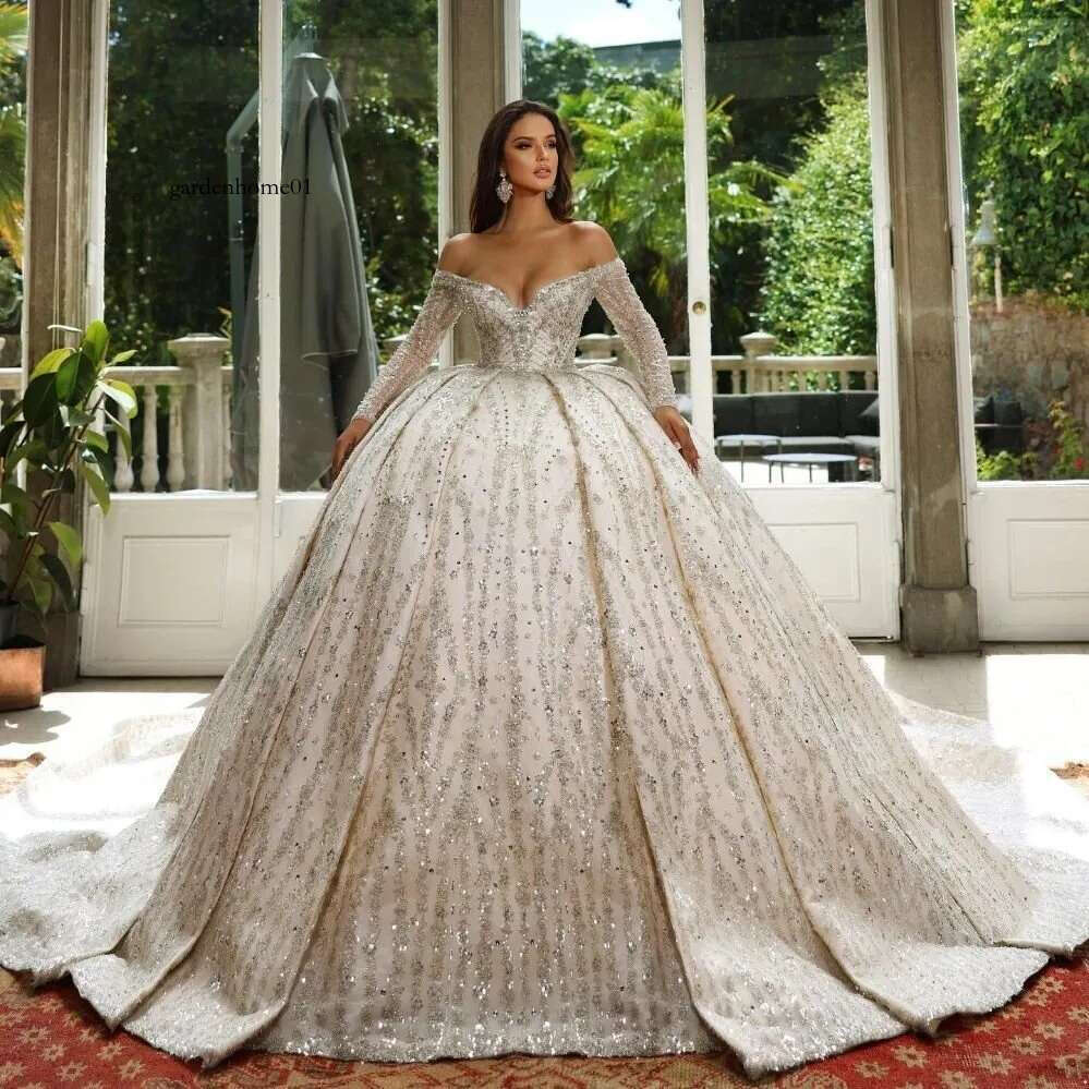 Wedding Dubai Dresses Long Sleeve Bridal Gowns Ball Gown Beading Arabic Off The Shoulder Church Vestido De Noiva
