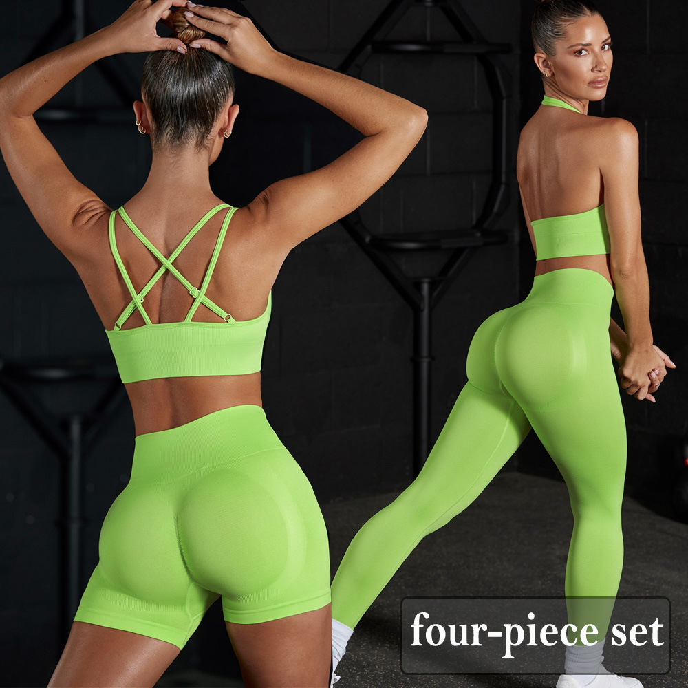 European and American women's seamless yoga clothes beautiful back and neck hanging sports bra running and fitness pants hip lifting shorts yoga 