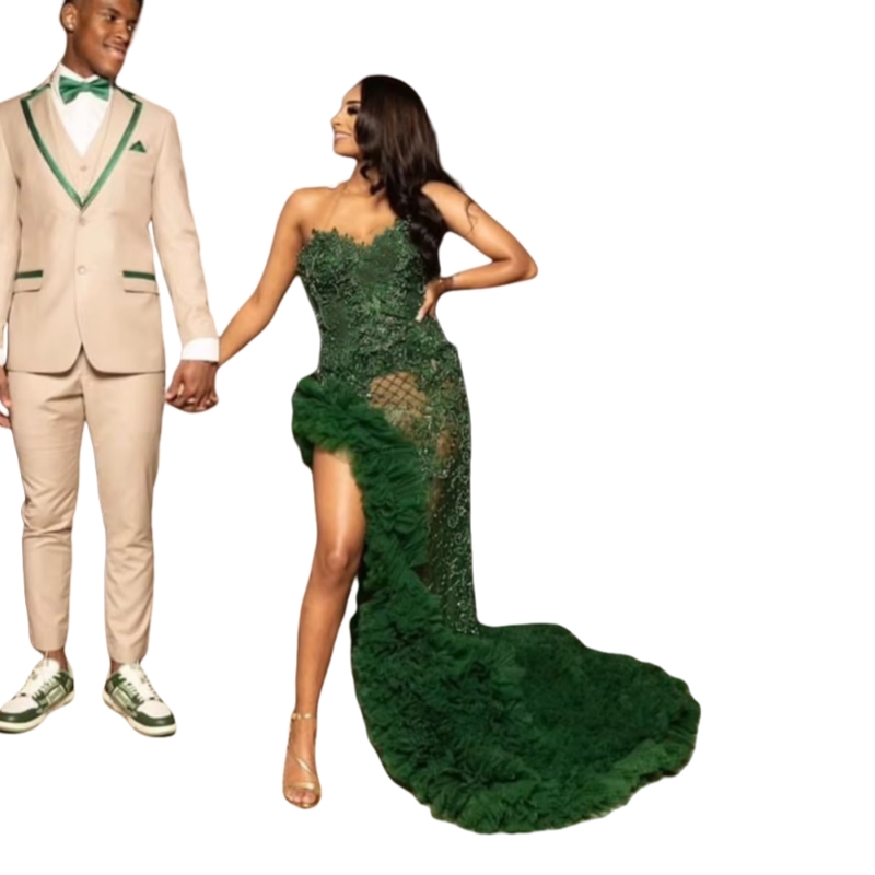Sexy Dark Green Lace Prom Dresses Side High Split Appliques Beaded Sweetheart Long Special Occasion Dress Tiered Ruffles Tulle Birthday Party Evening 