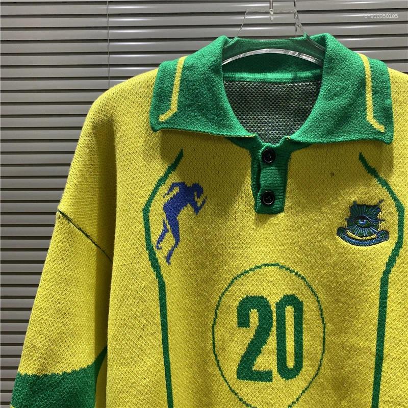 Men's Polos American House Of Error Eye Truth Number 20 Green Simple Lines Jacquard Embroidery Logo Polo Collar Contrast Knitted Sweater