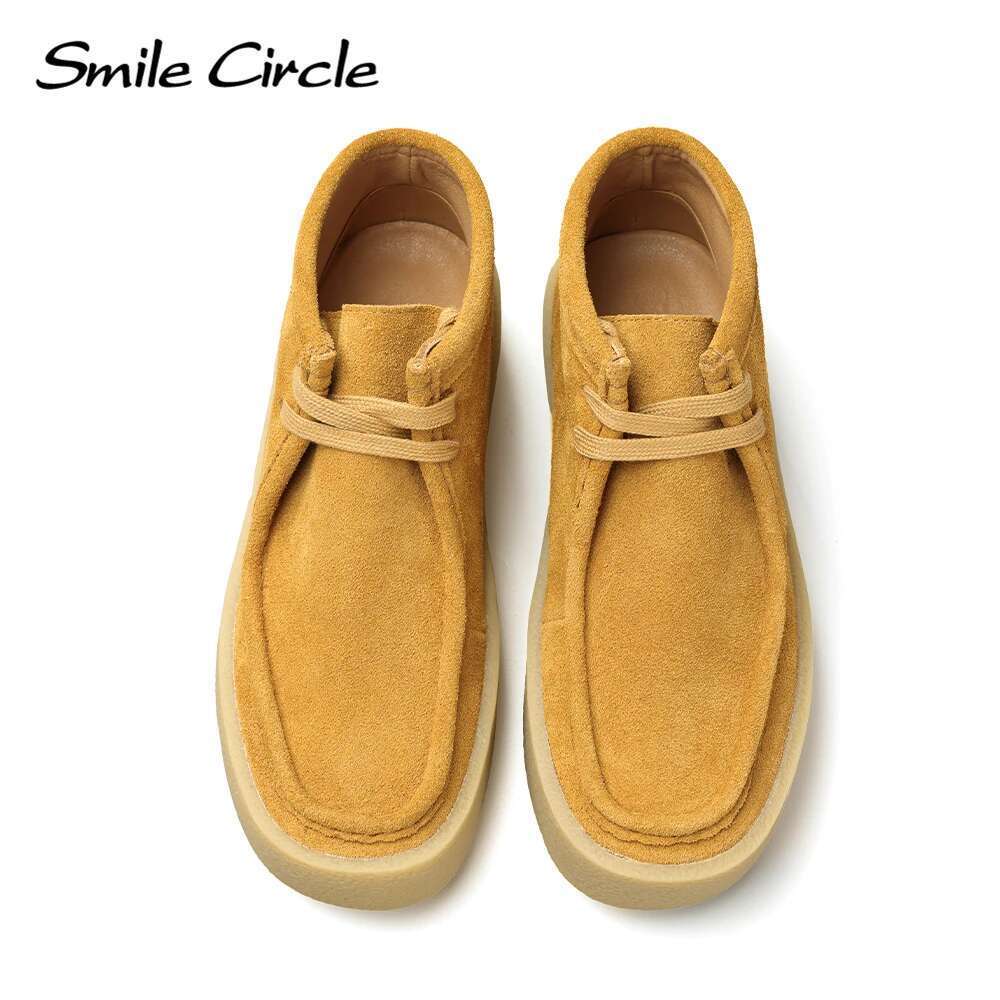 Smile Circle Cow Suede Leather Women Lace up Ankle Boots Thick Bottom Comfortable Flat Casual Shoes