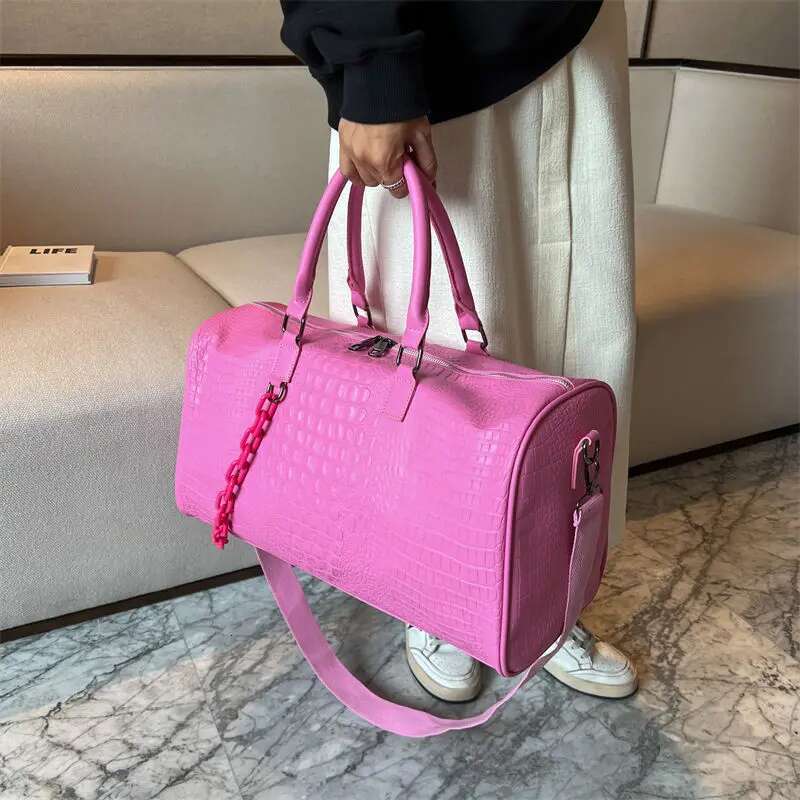 Crocodile Patterned Large Capacity Leisure Travel Bag, Handbag Outdoor Fiess Fashionable Trend One Shoulder Crossbody Bag PU Vintage