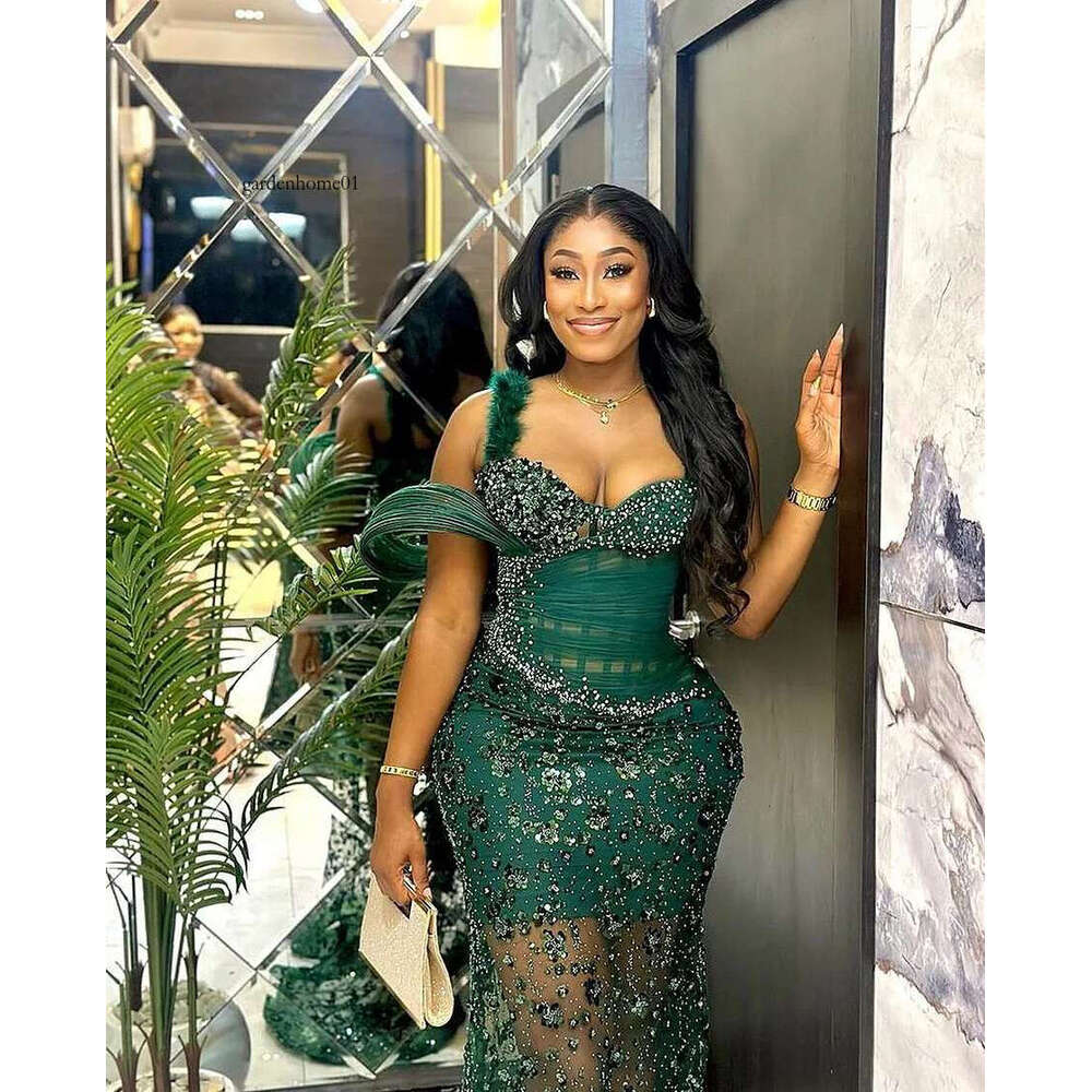Beaded Dress Evening African Green Prom Dresses With Feather Straps Custom Shiny Sequined Lace Aso Ebi Formal Party Gown Es es