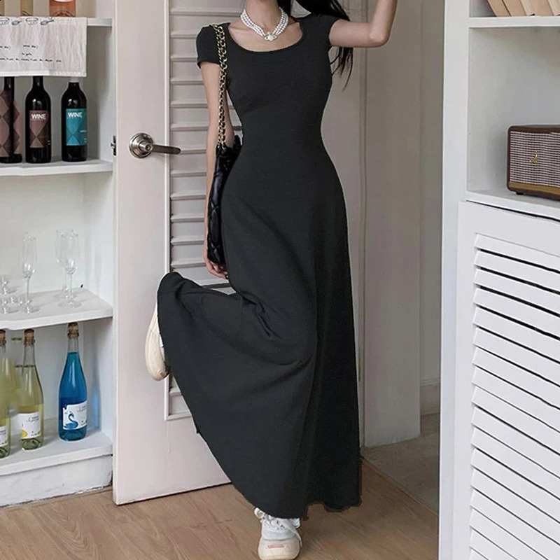 Rimocy Slim Fit Sexy Maxi Dresses for Women 2024 Summer Short Sleeve Bodycon Dress Woman Round Neck Party Club Sundress Ladies 250110Z