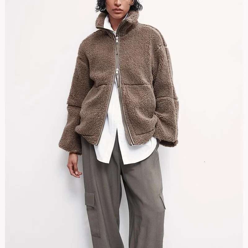 European American Style New Fashion Simple And Versatile Stand-Up Collar Zipper Loose Casual Sherpa Jacket