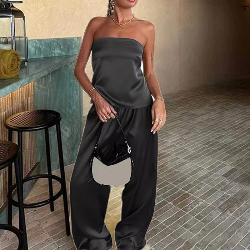 Sexy Strapless Top Long Pants Suit Fashion Hollow Out Off Shoulder Satin Two Piece Set Womens Solid Color Loose Outfit 250117