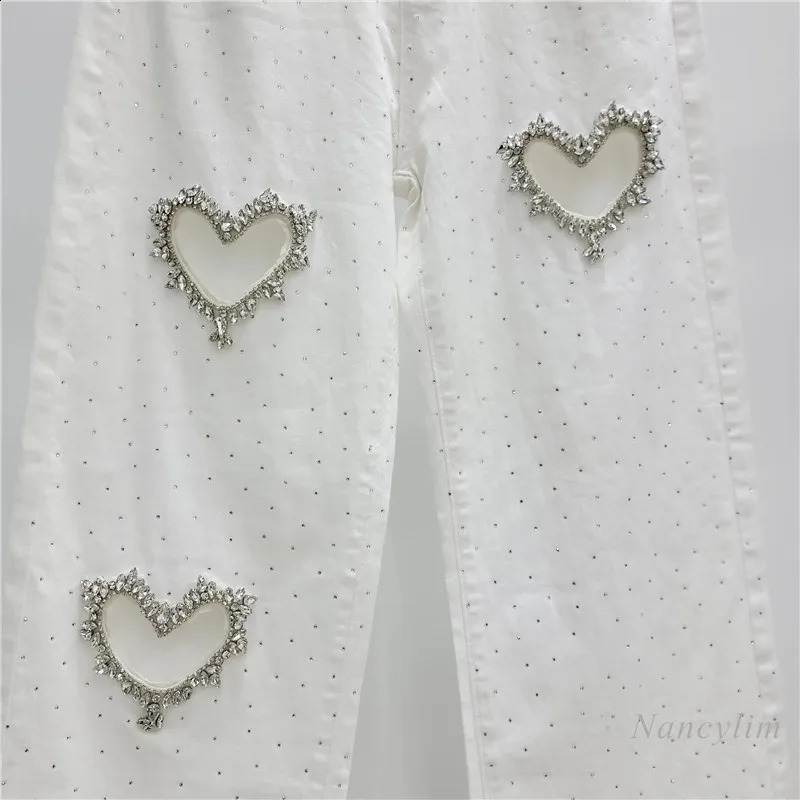 Love Rhinestone Jeans for Women Spring and Autumn Wide Leg Straight Mop Trousers Street White Denim Pants 250113
