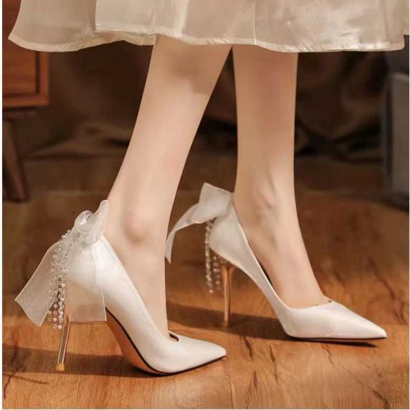 Wens Sandals Summer New High Pointed Satin Bow Beaded Wedding Shoes New Fashion Temperament Stiletto Hot Party H Z250121