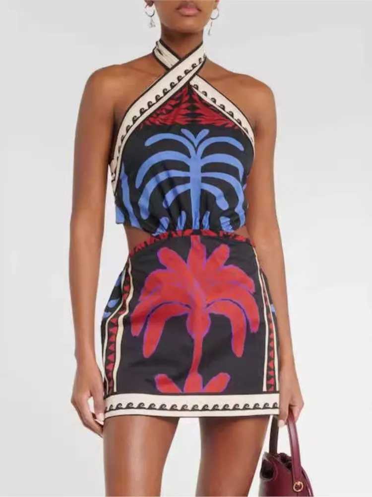 Basic Casual Dresses Bohemian Print Halter Neck Mini Dresses Women Sexy Backless Leace-up Beach Vacation Dress Fashion Beachwear Vestidos Summer New H
