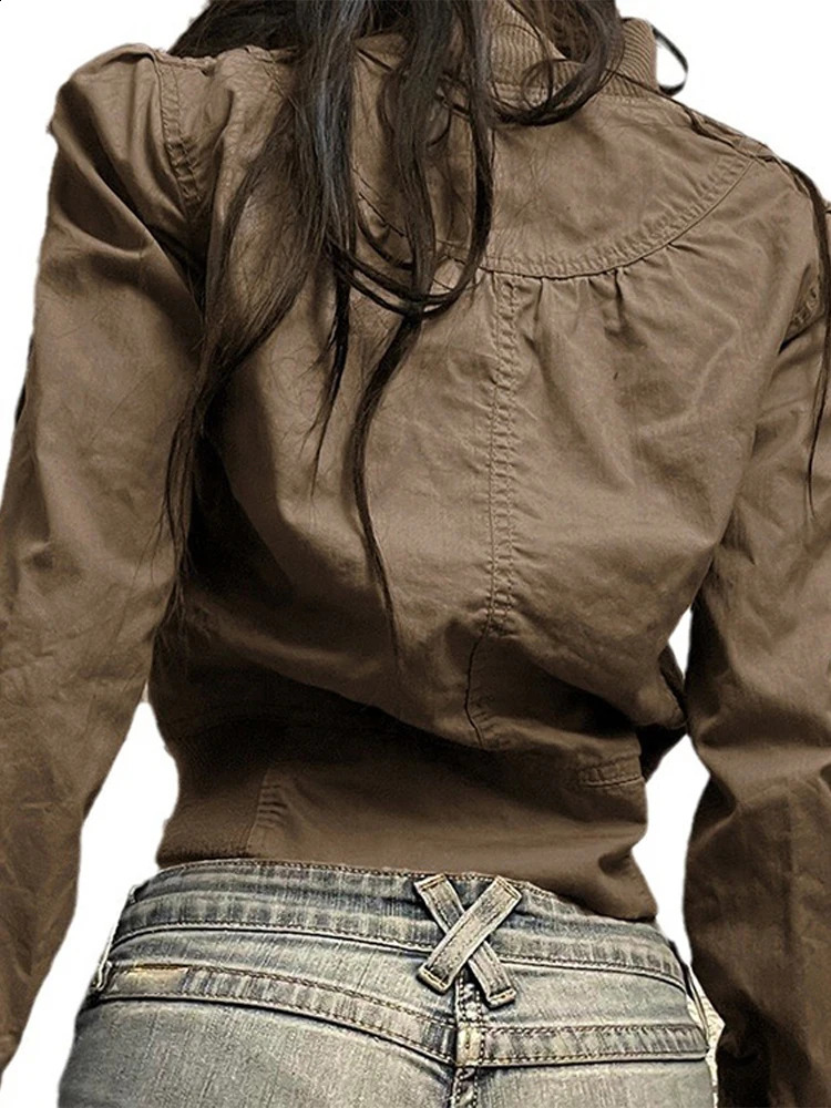 Y2k Vintage Cropped Jackets For Women Casual Long Sleeve Stand Neck Zipper Coat Spring Harajuku Slim Cool Girl Outwears 250118