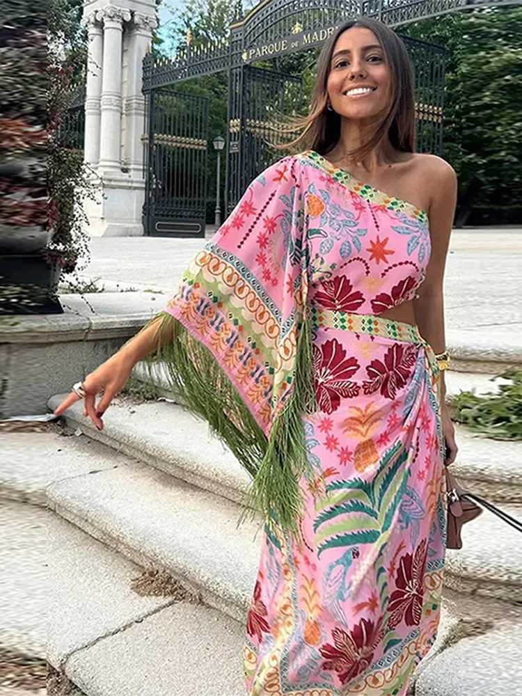 Basic Casual Dresses Womens Diagonal Shoulder Tassel Midi Dress Chic Waist Hollow Out Asymmetric Irregular Hem Lady Summer Dress Evening Party Dress H