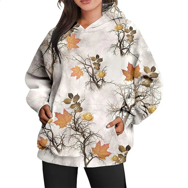 Autumn Camouflage Hoodies Maple Leaf 3D Print Women Casual Streetwear Long Sleeve Hooded Sweatshirts Pullovers Female Clothing 250113