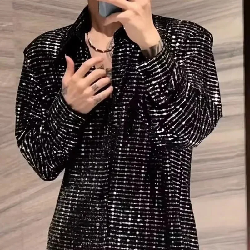 Nightclub mens long sleeved summer loose collared single chest sequined casual shirt 250110