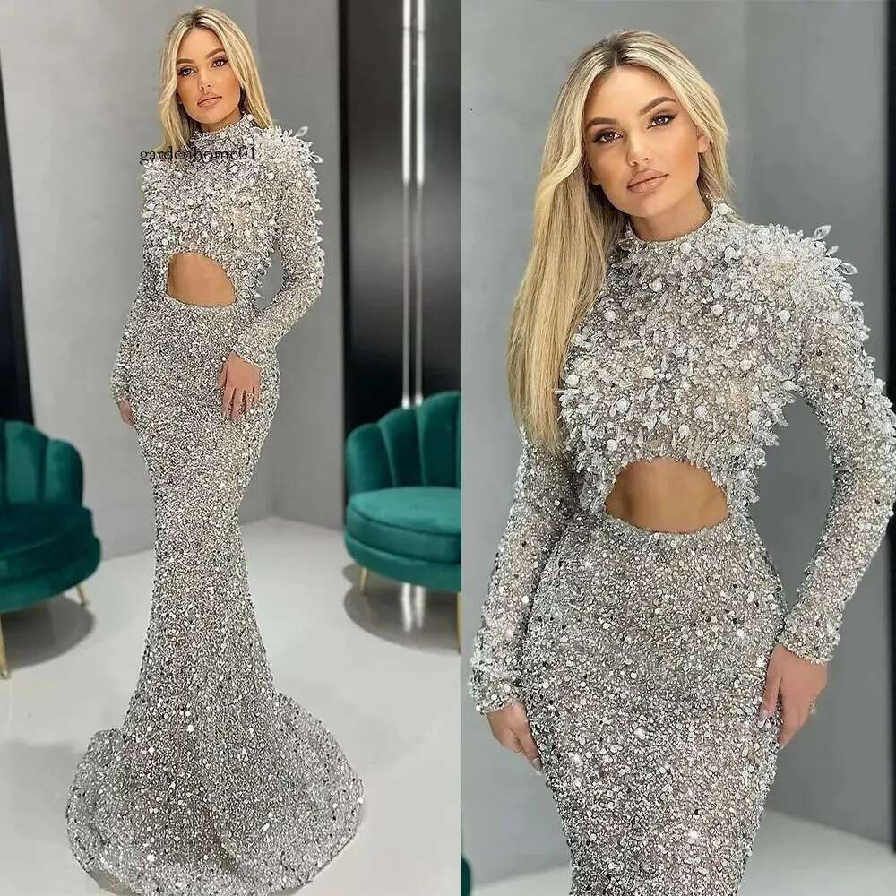 Green Sage Prom Dress Sequined High Neck Custom Formal Evening Party Gown