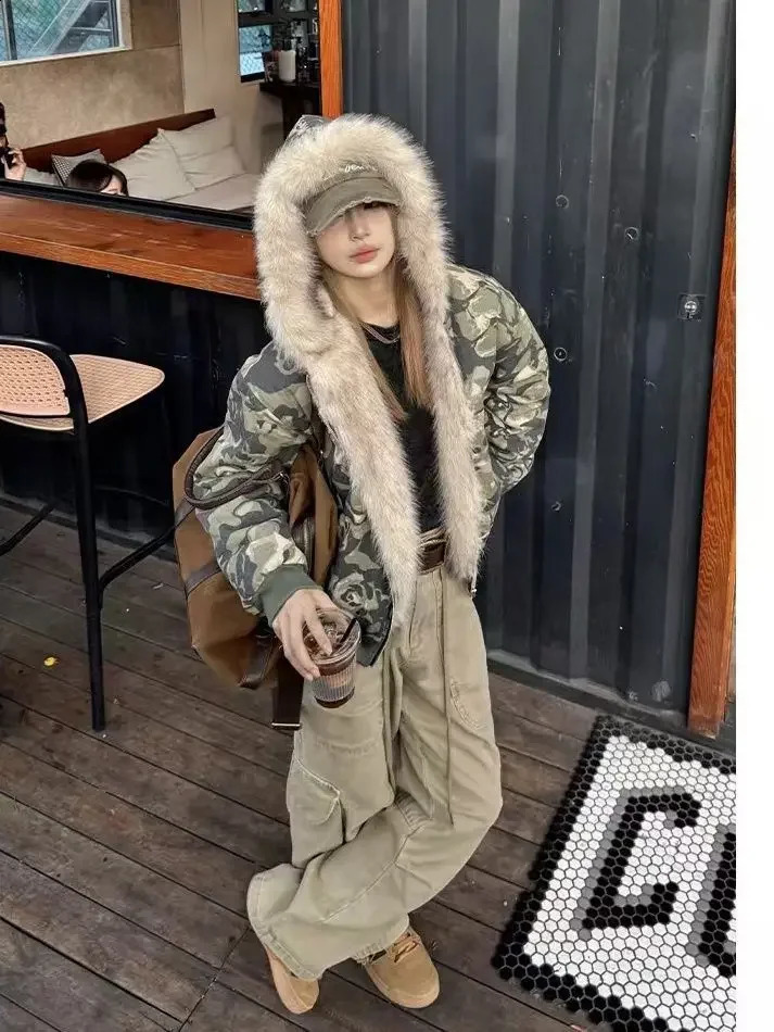 American Vintage Camouflage Plush Hat Jacket Y2K High Street Hip hop Harajuku Loose Women Make Old Hoodies Fashion Streetwear 250113