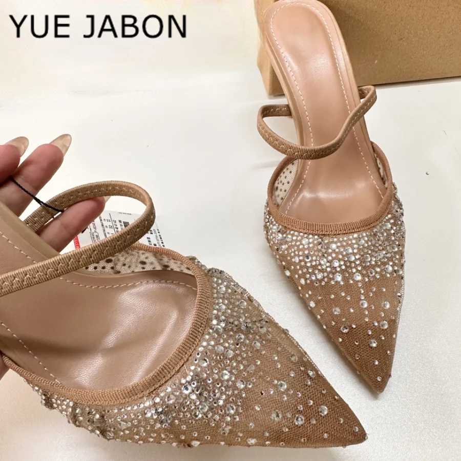 Nude Summer Wens Sandals Rhinestone Bright Mesh High H Footwear Elegant Slingback Pointed Slip hot on Party Lady Pumps Shoes Z250121