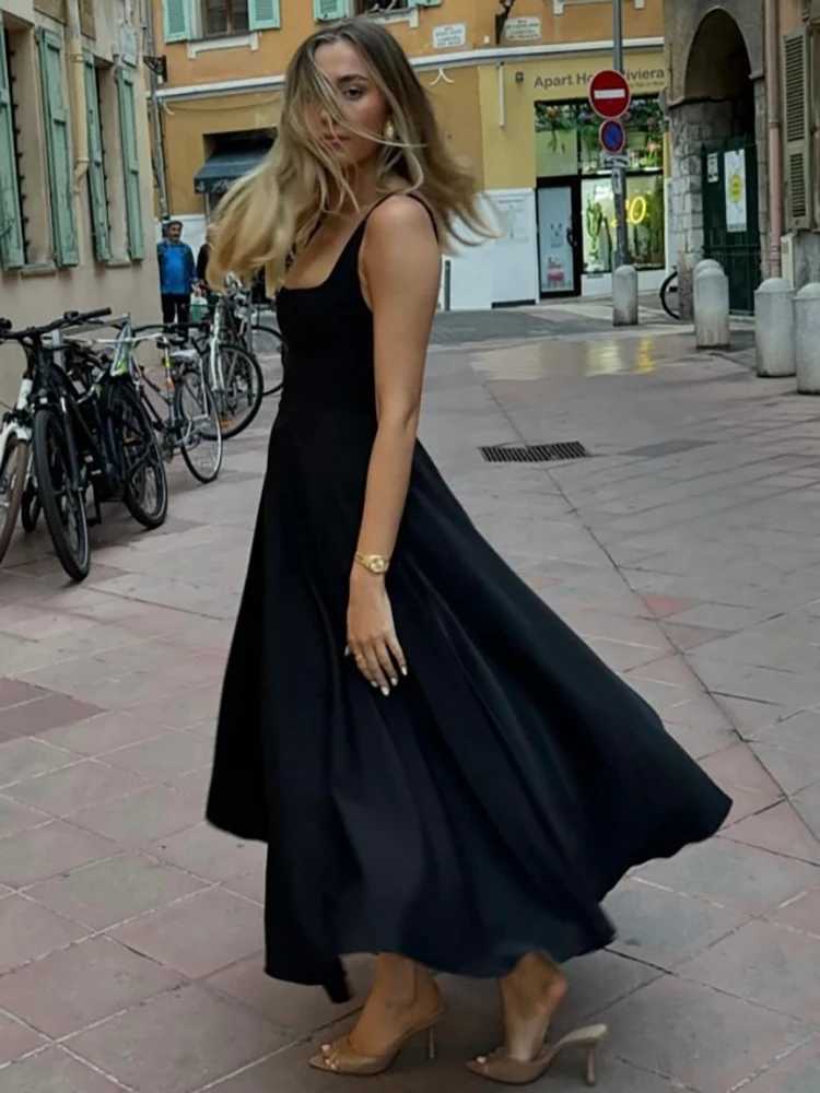 Basic Casual Dresses Fantoye Sexy Square Collar Maxi Dress For Women Black Spaghetti Strap High Waist Dress Female Autumn Slim Elegant Party Clubwear 