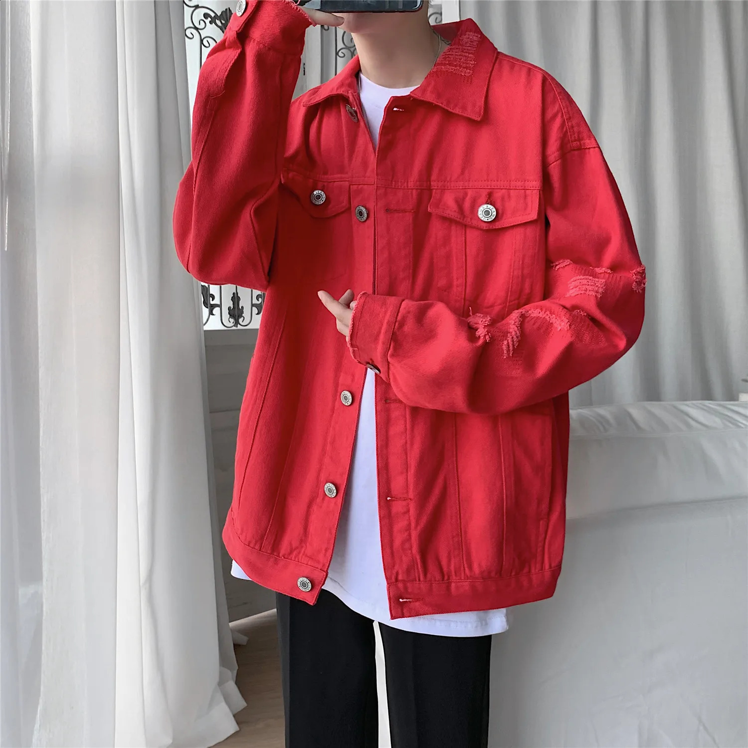 Spring Autumn Mens Jean Jacket Slim Fit Cotton Denim Jacket Red White Black Ripped Hole Jean Coats Men Outwear Plus size 250109