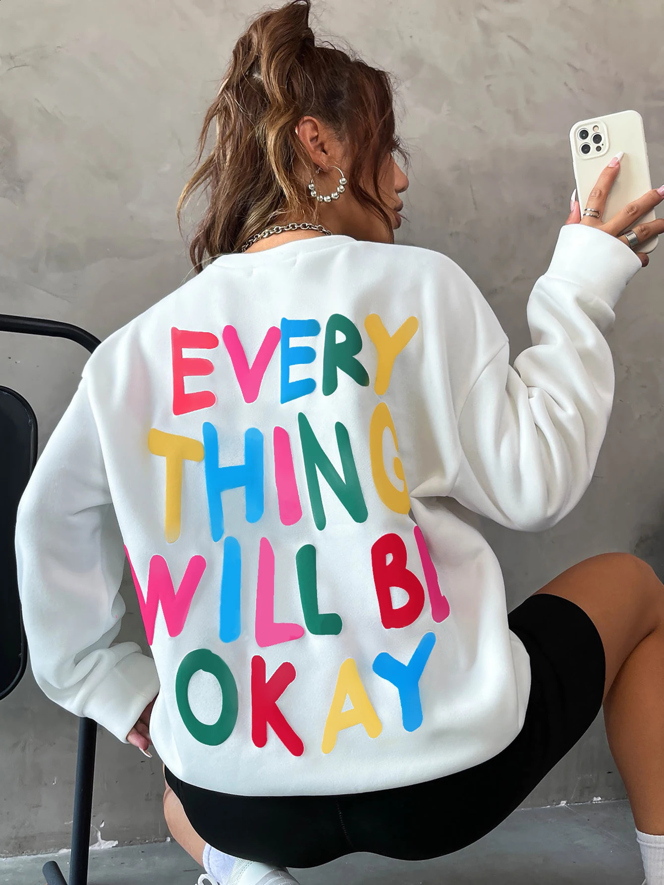 Fashion Womans Sweatshirt Everything Will Be Okay Letter Printed Pullover Loose Warm Crewneck Hoodies Casual Female Clothing 250113