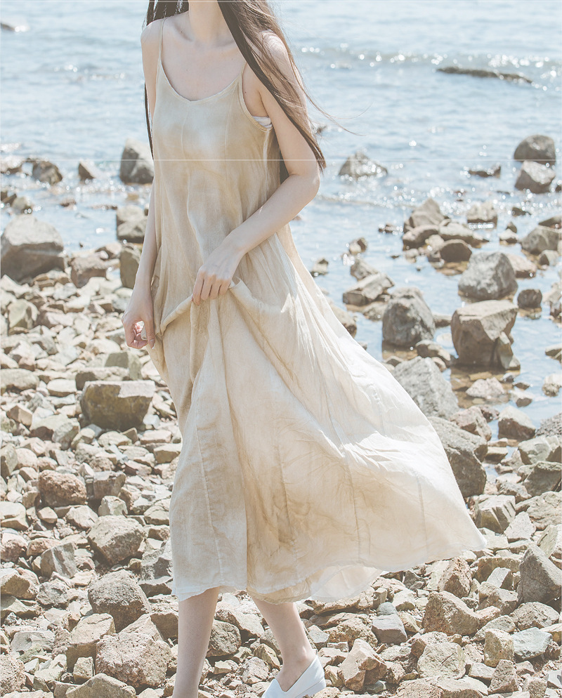 B2145 Summer dark style homemade long-staple cotton large swing double layer willow leaf splicing suspender skirt dress two colors