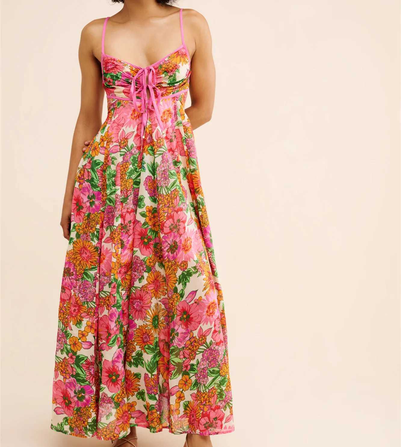 Basic Casual Dresses Y2K Vintage Women Slveless Floral Print Maxi Dress Low Cut Backless Spaghetti Strap Long Dress Summer Beach Boho Flowy Dress H251