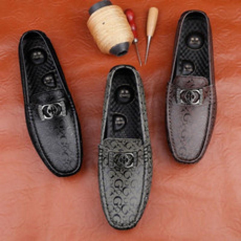 Light luxury bean shoes men's genuine leather 2023 new lazy shoes trendy brand British casual printed one foot loafers