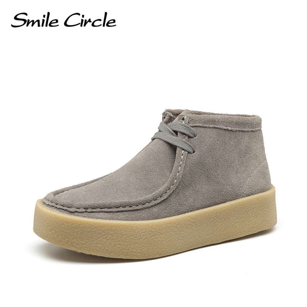 Smile Circle Cow Suede Leather Women Lace up Ankle Boots Thick Bottom Comfortable Flat Casual Shoes
