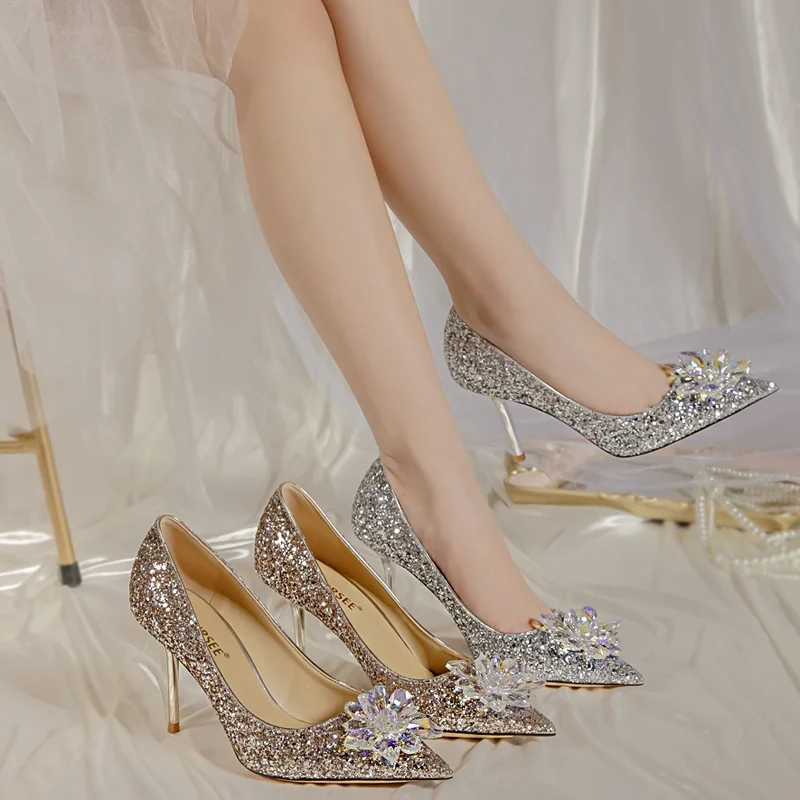 2023 Hot Newest Rhinestone Pumps Pointed Toe Crystal For New Wen Shoes High H Z250121