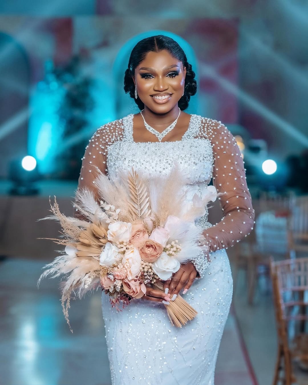 2025 Arabic Aso Ebi Plus Size Ivory Lace Wedding Dresses Pearls Crystals Detachable Train Full Sleeves Bridal Gowns Dress For Bride